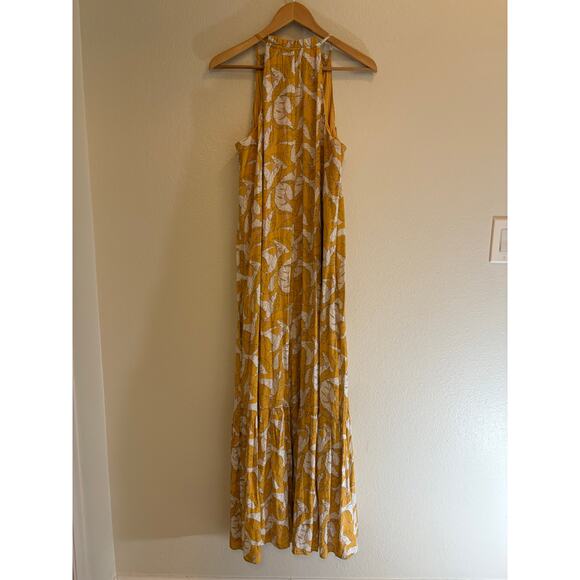 NINE WEST Maxi Dress | Yellow White Ruffled Tiered Halter Sleeveless | LARGE - Picture 4 of 8